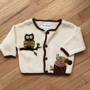 Art Walk Cream Knit Embroidered Baby Cardigan with Owl & Caterpillar